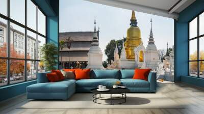 Panoramic view of golden and white pagoda at Wat Suan Dok Temple in Chiang Mai, Thailand. Wall mural