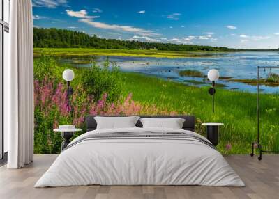 Summer landscape with green medow and pond, forest and village on horizon near Sangis in Kalix Municipality, Norrbotten, Sweden. Swedish landscape in summertime. Wall mural