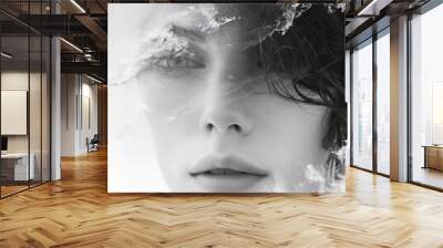 Black and white portrait of a young girl in smoke and fog close-up Wall mural