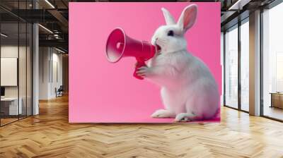 Cute bunny with a megaphone. Easter sale Wall mural