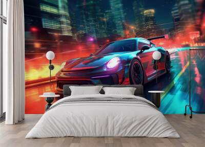 Futuristic sportcar on neon highway by Generative AI Wall mural