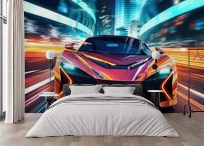 Futuristic sportcar on neon highway by Generative AI Wall mural