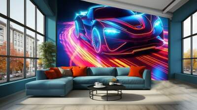 Futuristic sportcar on neon highway by Generative AI Wall mural