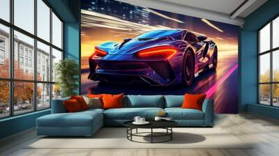 Futuristic sportcar on neon highway Wall mural