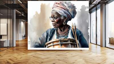 portrait of an african drummer in watercolor style by generative ai Wall mural