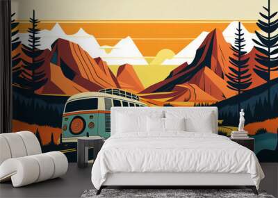 Retro van driving along the ocean, in bold colors and strong lines by Generative AI Wall mural