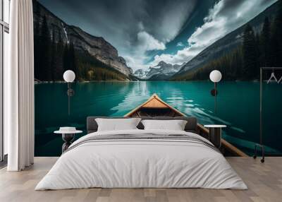 Canoe on the lake with mountain view beautiful, calm Wall mural