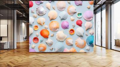 colorful seashells look lively neatly arranged on a lovely pastel background Wall mural