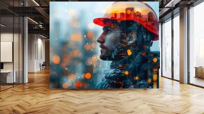 Portrait of a construction worker wearing a hard hat, overlayed with an image of a city skyline. Abstract double exposure photography. Urban development and industrial concept. Wall mural