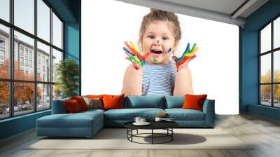  Smiling little girl with hands in the paint on white background Wall mural