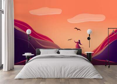 illustration of a girl is wandering in the nature. silhouette of young female in the mountains against the sunset. Wall mural