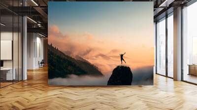 Silhouette of a Man jump and rises arms up on a peak. The happiness and excitement of beeing successful. Wall mural