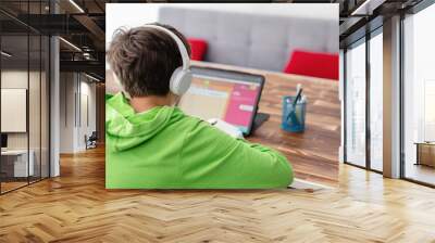 Young boy is studying in front of the laptop. E learning, study at home online. Wall mural