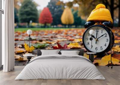 Alarm clock with a yellow cap on top, set against a blurred autumn background. Wall mural