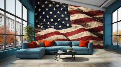 American flag waving with a distressed vintage look, backdrop of the USA flag. Wall mural