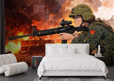 Anime woman soldier on the battlefield, chaotic fire and explosion background. Wall mural