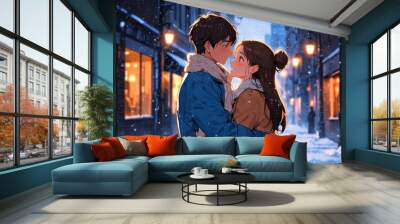 Cute couple, embracing, hugging in the middle of an alley, winter snowfall, anime illustration. Wall mural