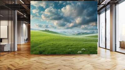 Green meadow hill with mountains and cloudy sky landscape Wall mural