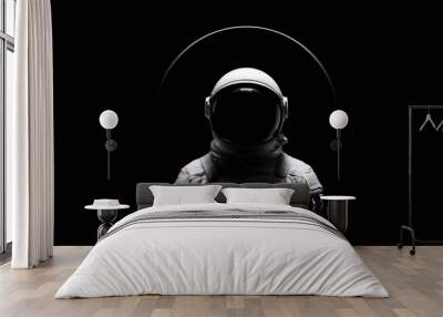 Half body of an astronaut in the middle of darkness with a half white line sphere of the moon. Wall mural