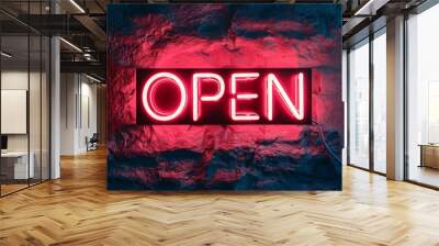 Neon OPEN red glowing word electricity sign in the middle of a brick wall. Wall mural