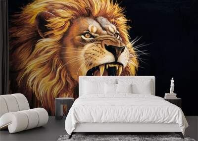 Painting illustration of a lion roaring head portrait with black backdrop and copy space for text. Wall mural