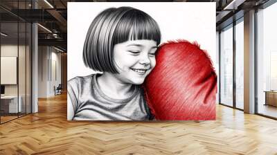 Pencil hand drawing of a cute smiling girl leaning on a red heart shaped pillow. Wall mural