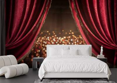 Red velvet curtain opened, revealing a blurred audience with bokeh lights. Wall mural