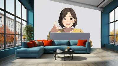 Woman anime short hair sitting in front of a laptop, giving a thumbs up gesture. Wall mural