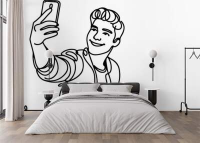 continuous one black line art drawing cheerful young man holding smartphone to taking acting selfie or video call through mobile phone outline doodle vector family travel concept Wall mural