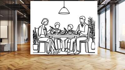 Continuous one black line art drawing happy family father and mother with child. having dinner sitting at table doodles style vector illustration on white background Wall mural