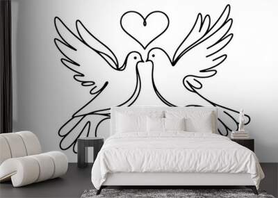 Continuous one black line hand drawing of a pigeon flying with heart love doodle outline vector on white background. Wall mural