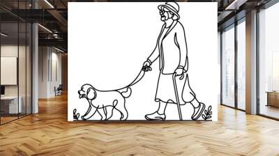 continuous single black linear line sketch drawing old woman walking with puppy dog doodle vector illustration on white Wall mural