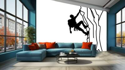 One continuous black line drawing of man rock Climbing a steep rocky cliff Doodle linear drawing cartoon on white background. vector Wall mural