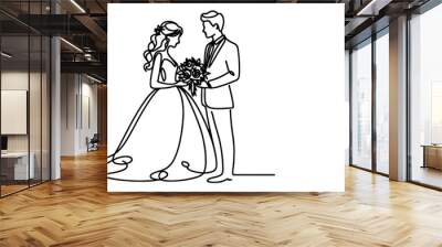 One continuous single drawing black line art doodle wedding couple bride and groom outlne vector illustration on white background Wall mural