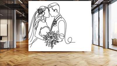 One continuous single drawing black line art doodle wedding couple bride and groom outlne vector illustration on white background Wall mural