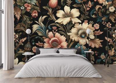 Spring flowers elegant beautiful floral seamless pattern of fabric hand-painted flowers baroque dark vintage decoration wallpaper background Wall mural