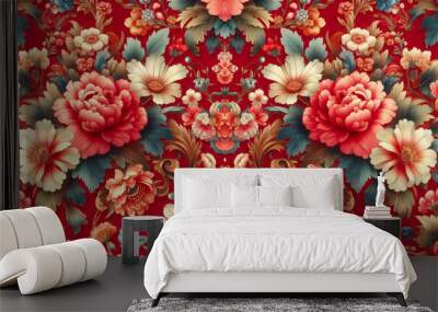 Spring red flowers backdrop beautiful floral seamless pattern of fabric flowers baroque colorful decoration wallpaper background Wall mural