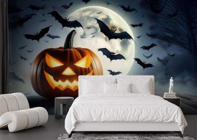 Halloween pumpkin bats horror background in night moon Wall mural