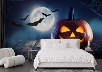 Halloween pumpkin bats horror background in night moon Wall mural