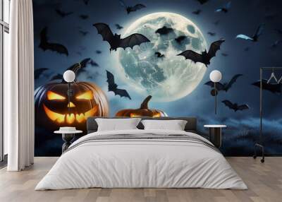 Halloween pumpkin bats horror background in night moon Wall mural