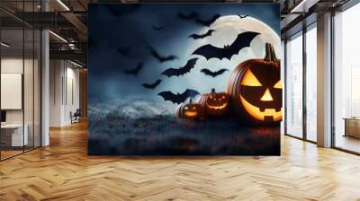 Halloween pumpkin bats horror background in night moon Wall mural