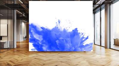 Blue holi paint color powder. Abstract blue dust explosion on white background. Blue holi paint color powder festival explosion burst isolated white background. Blue vibrant rainbow Holi paint color.	 Wall mural