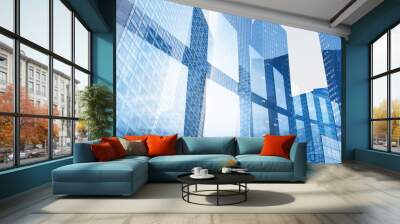 abstract business interior background, blue window double exposure, technology Wall mural