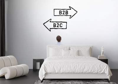 B2B vs B2C concept, business marketing strategy, businessman looking at arrows on white wall Wall mural