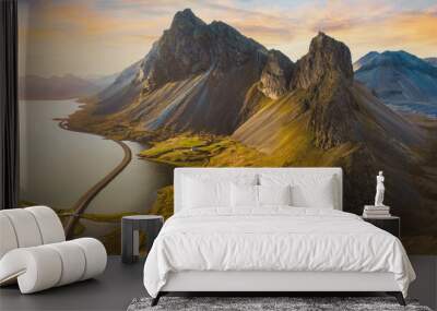 beautiful scenic road in Iceland, nature landscape aerial panorama, spectacular mountains and coast with sunset light Wall mural