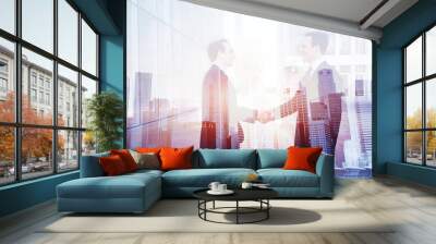 business deal, handshake double exposure, cooperation concept, agreement of two companies Wall mural