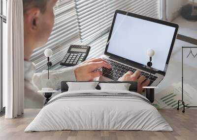 Business man working on computer laptop with empty blank screen in modern office workplace. Wall mural