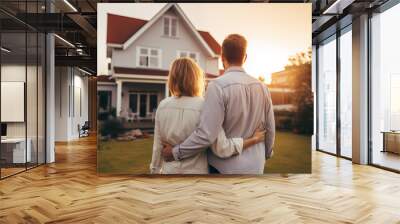 buy new house, home ownership, young couple standing near their new property Wall mural