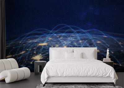 Communication technology, global internet network over Earth. Telecommunication and data transfer, connection links, original image furnished by NASA. Wall mural