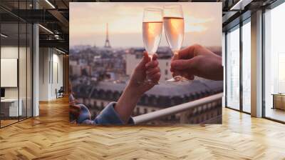 couple drinking champagne or wine in Paris luxurious restaurant with view of Eiffel tower, luxury romantic getaway honeymoon Wall mural